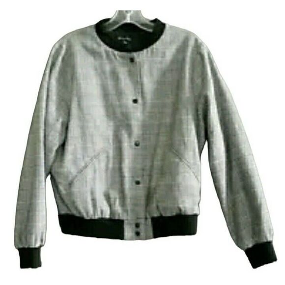 Shinestar Jacket Womens Large Black White Burgundy Blue Glen Plaid Band Neckline - Picture 1 of 11